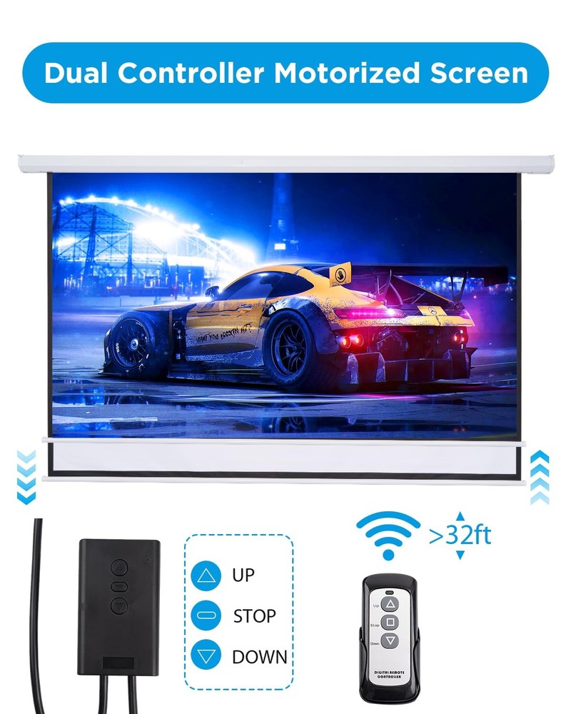 Electric Projector Screen 100 Inch with Remote Control Ceiling Mount Hooks, P...