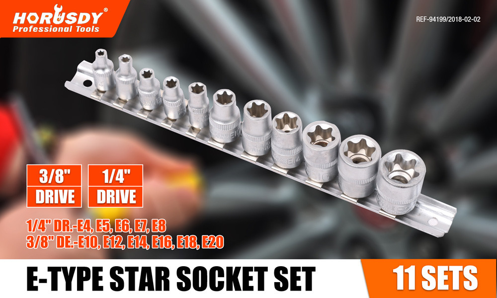11 pc Torx Star Bit External Female E Socket Set Automotive Shop Tools with Rail