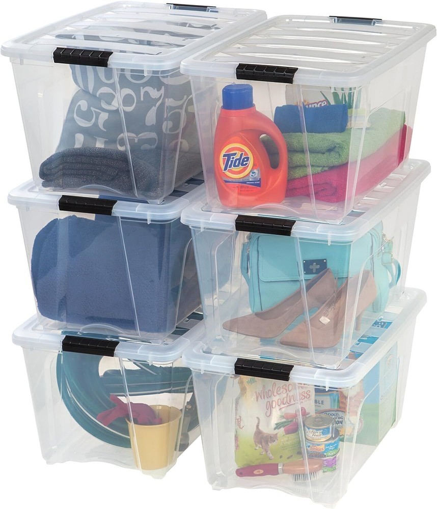 53 Quart Stackable Plastic Storage Bins with Lids and Latching Buckles 6 Pack