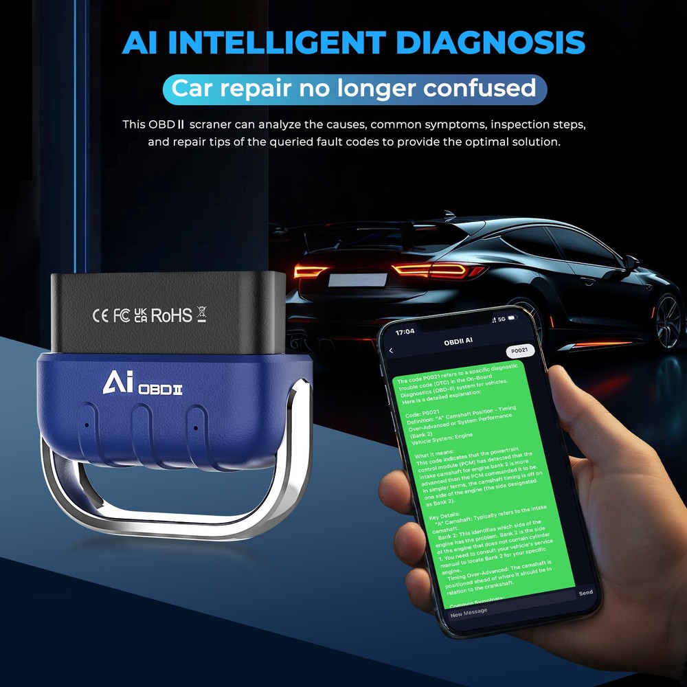 Car Check Engine Scanner Bluetooth OBD2 with AI, Free App for iOS and Android