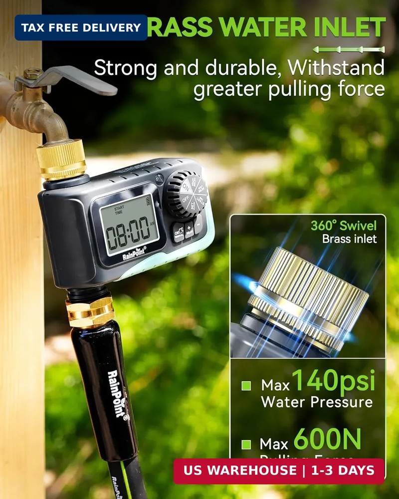 RAINPOINT Sprinkler Timer with Brass Swivel, Programmable Water Timer for Garden