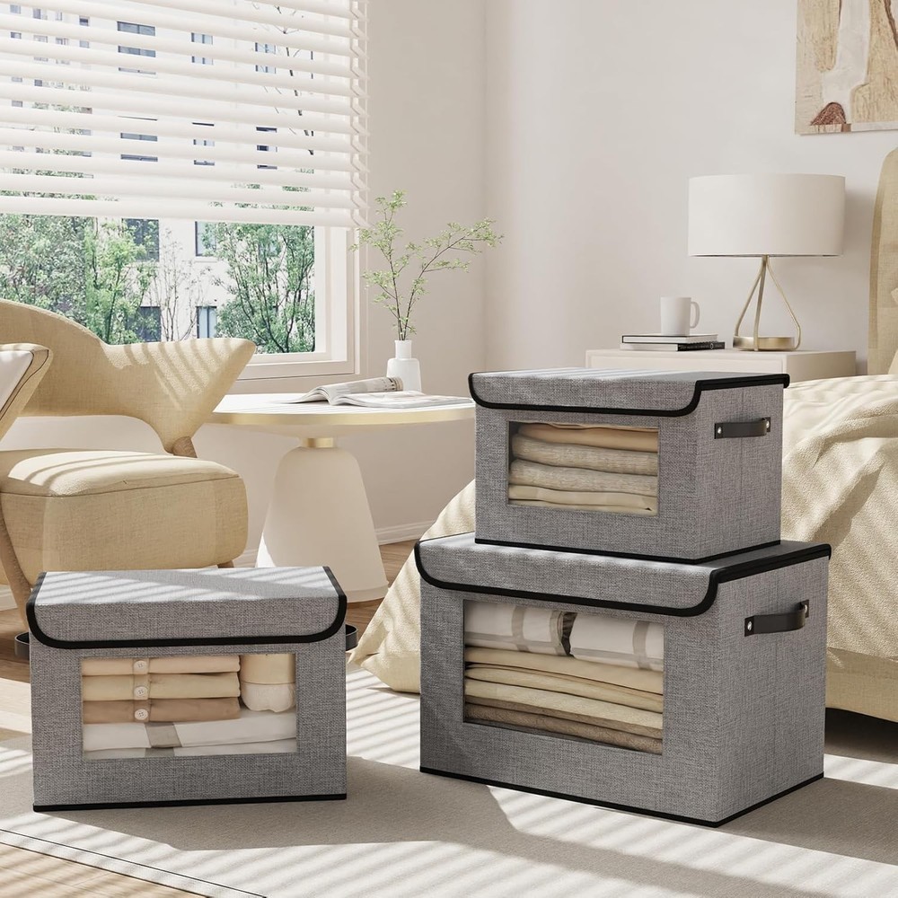 Space-Saving Linen Closet Bins - Stackable, Foldable, & Stylish Gray Storage