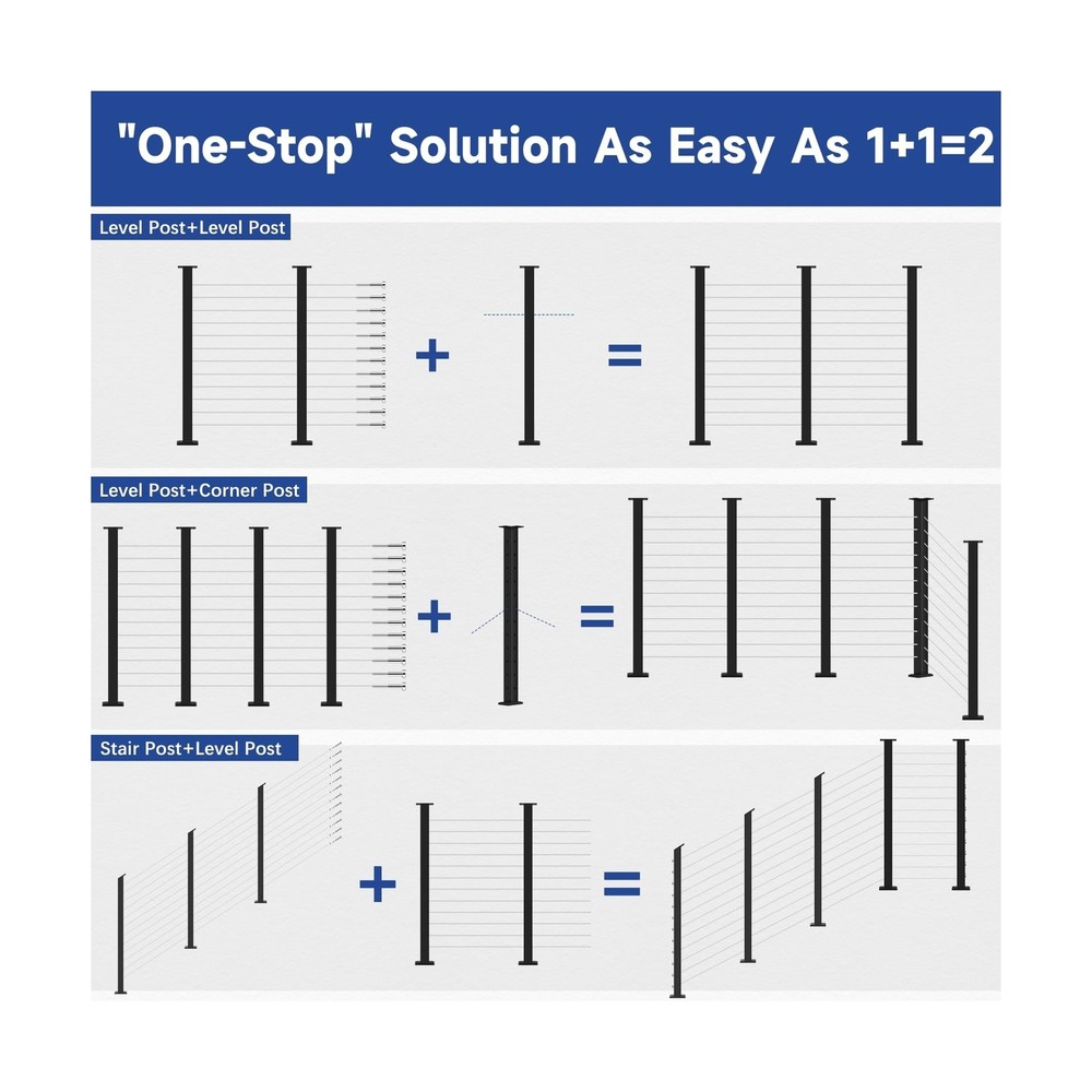 42" One-Stop Cable Railing Post Kits, 4 Pack Fixed Top Level Drilled Line Pos...