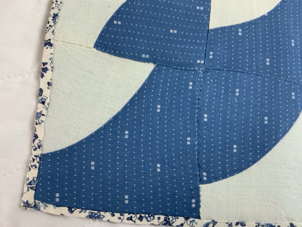 Antique Vintage Patchwork Quilt Table Topper, Drunkards Path, Blue & White