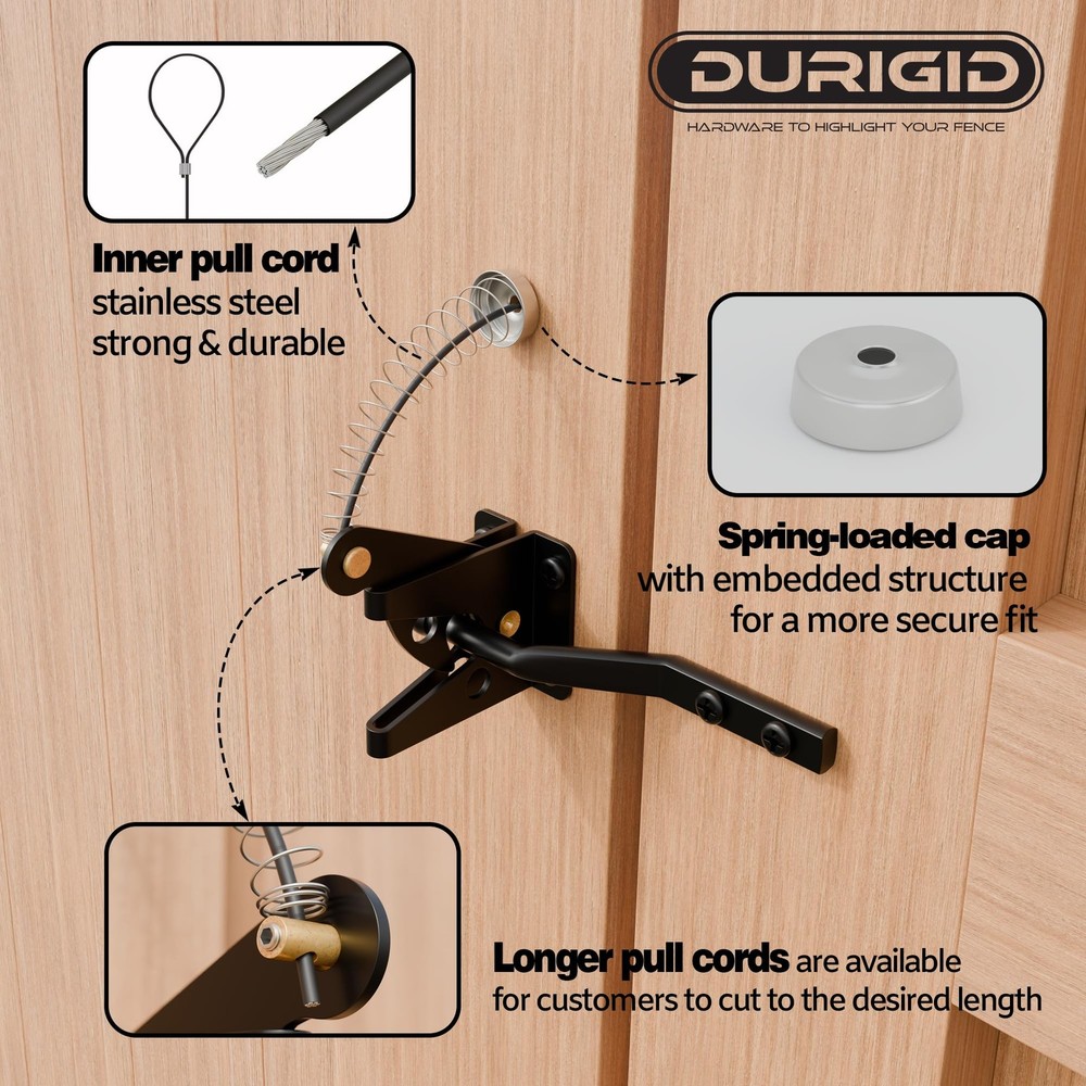 DURIGID Spring Loaded Gate Latch Pull String Fence Latch, Black