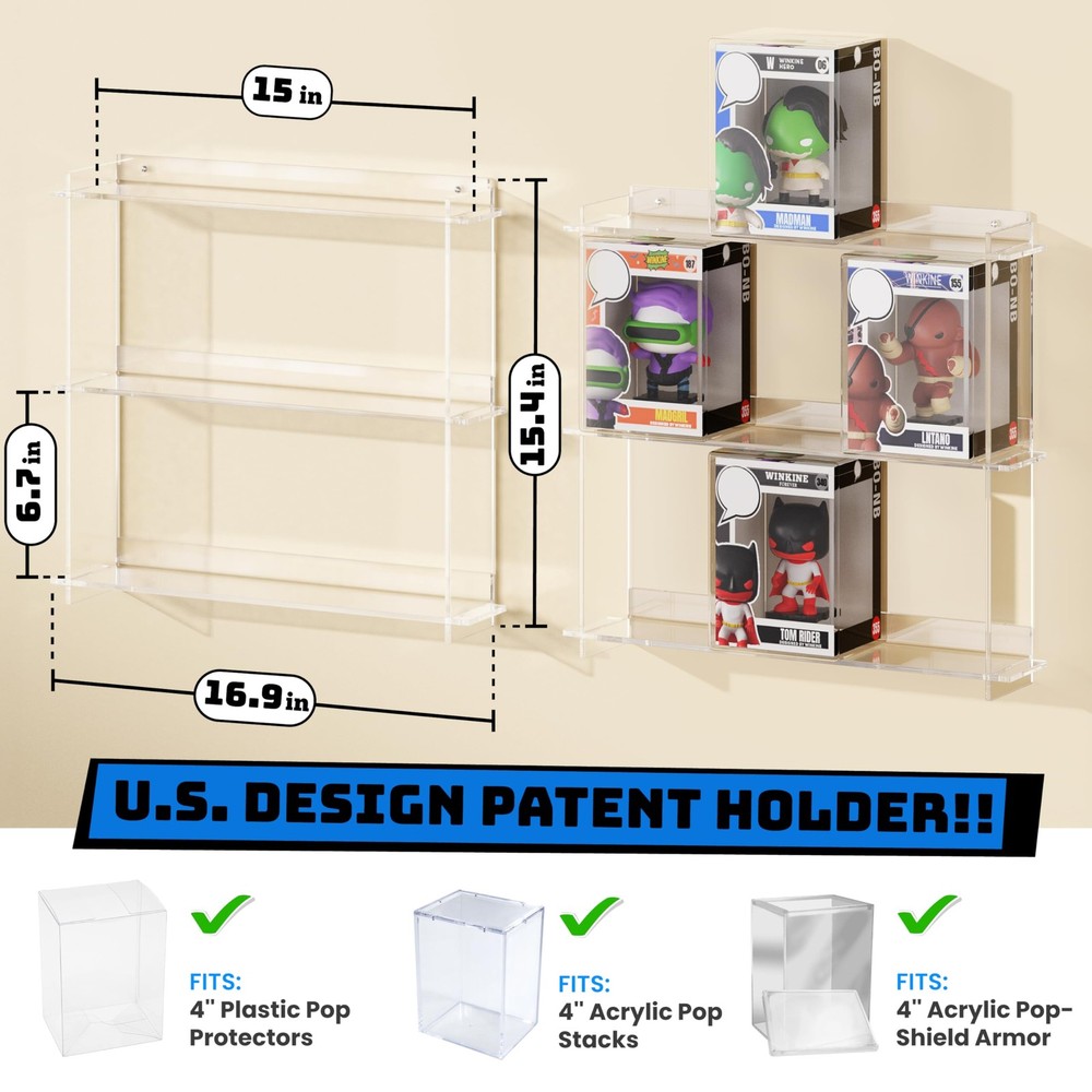 2x Acrylic Floating Shelves for 21 Funko Pops - Easy Install, Stackable Display