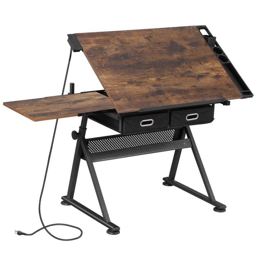 Adjustable Drafting Drawing Tiltable Table & Stool Set with 2 Drawers & Outlet