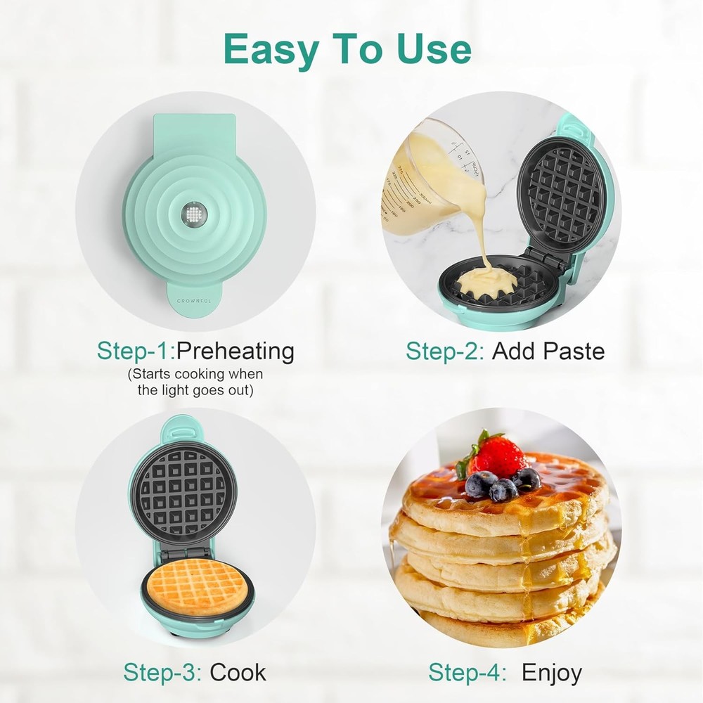 CROWNFUL Mini Waffle Maker, 4" Chaffle Maker with Compact Design, Mint Green