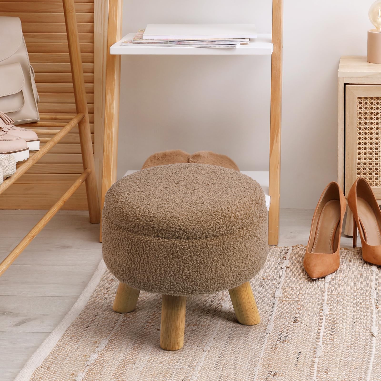 Ottoman Foot Rest, Small Round Ottoman with Storage, Boucle Teddy Velvet Foot...