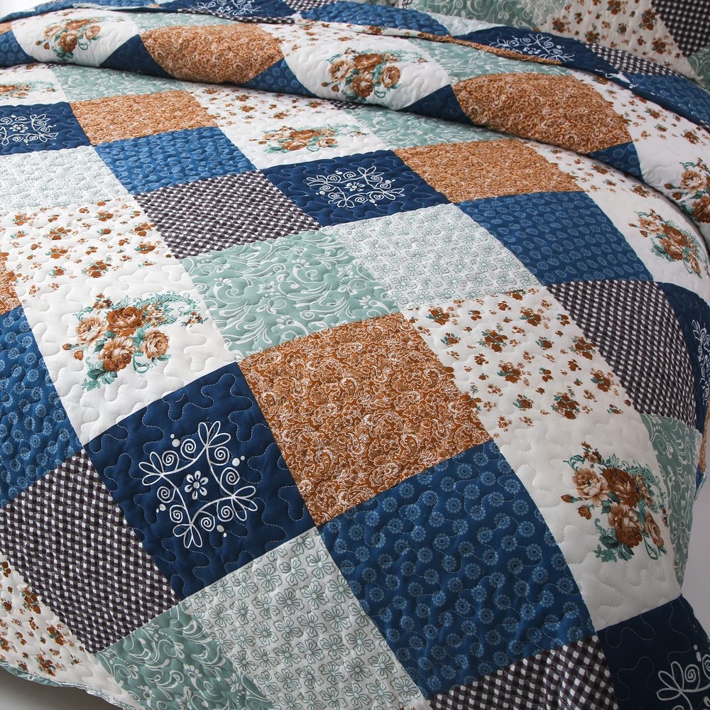 Dinjoy Reversible Patchwork Quilt Bedding Set Queen Size Blue Queen,
