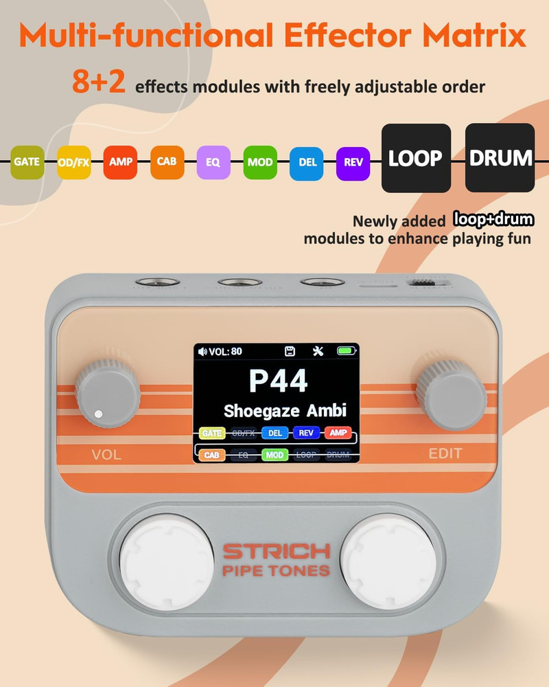 Pipe Tones Pocket Multi-Effects Processor for Guitar and Bass with 10 Effect Mod