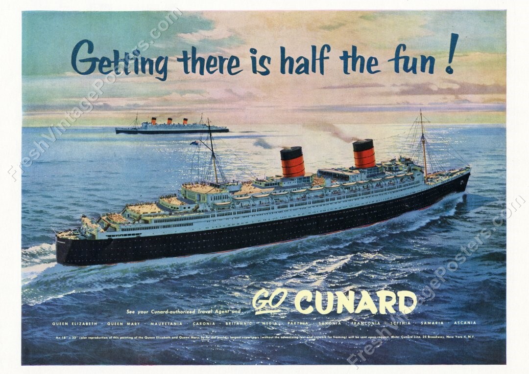 1950s Cunard Queen Elizabeth Queen Mary ship vtg ad design NEW POSTER 18 x 24