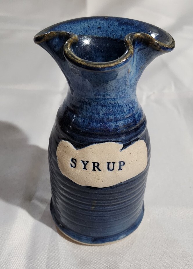 Signed Blue Handmade Art Pottery Syrup Pitcher 6"T
