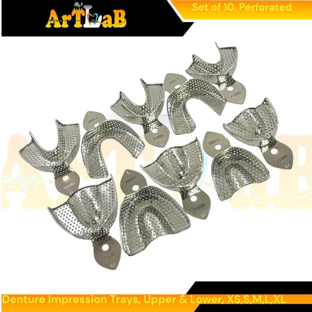 German Stainless Perforated Denture Impression Trays, Upper + Lower (10PK)