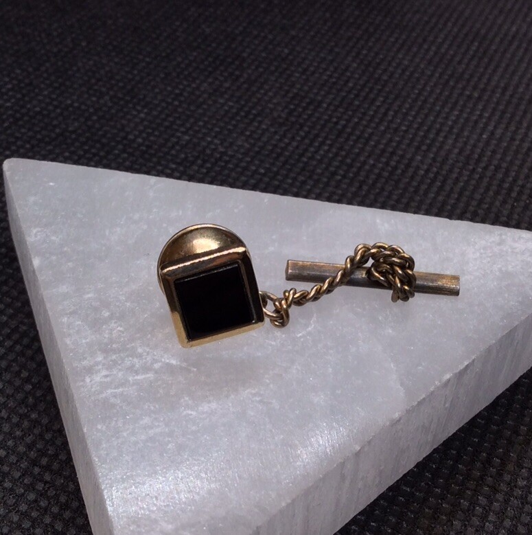 Silver Tone Square Black Smooth Stone Tie Tack Pin