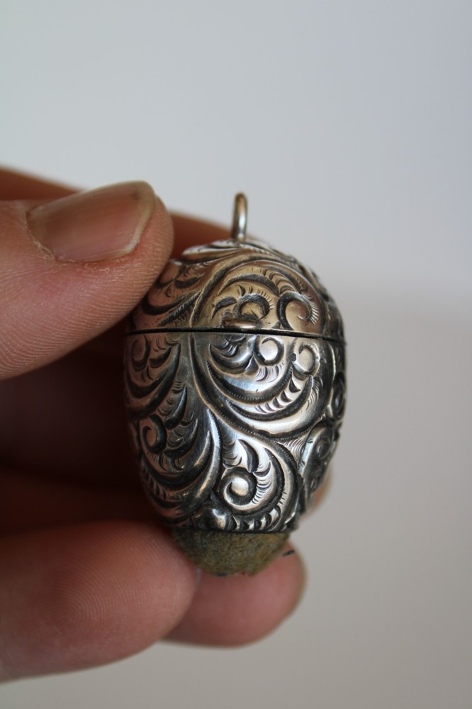 Antique Sterling Silver Repousse Sewing Chatelaine Egg Thimble Case & Pincushion