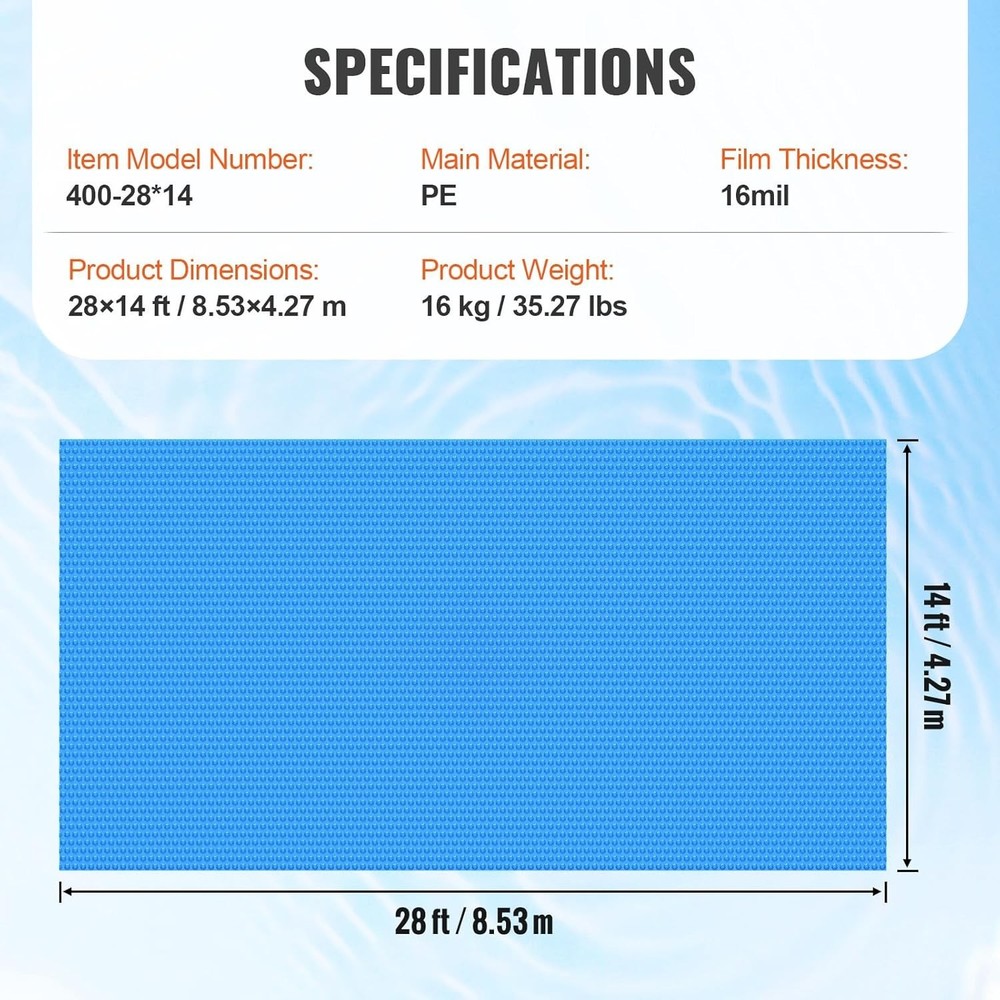 28x14 Ft Solar Pool Cover with Bubble, Heat Retaining 16 Mil Blue Rectangular...