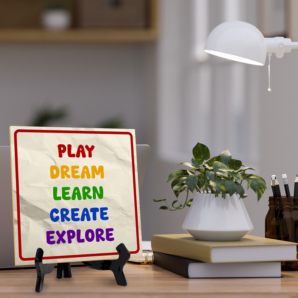 Play Dream Learn Create Explore 5x5" Square Table Sign With Acrylic Easel