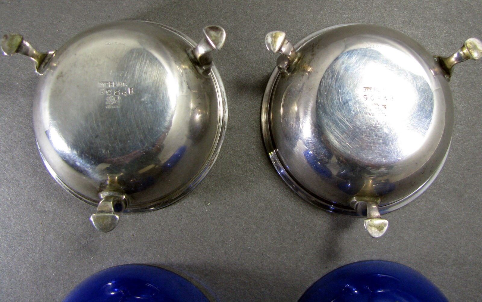 Sterling Silver Open Salt Cellars Pair with Cobalt Blue Liners