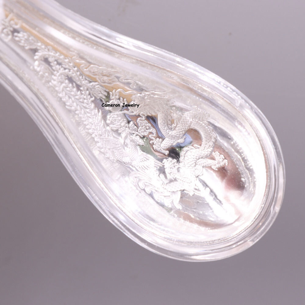 Solid S999 Fine Silver Tableware Dragon Phoenix Soup Spoon 17-18g 3.9inch