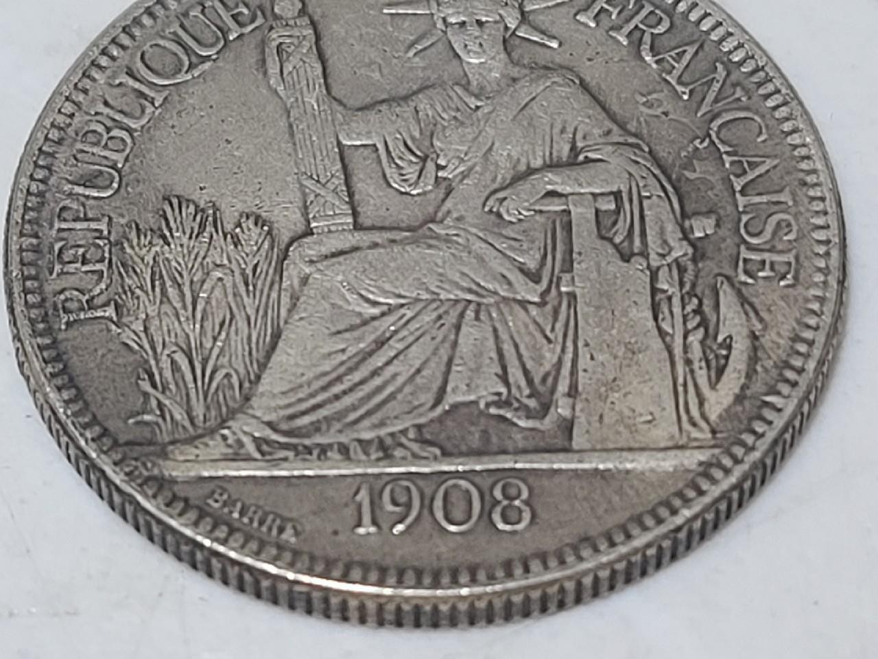 1908-A Silver 1 Piastre Commerce French Indo-China Rare Crown Thaler Sized Coin