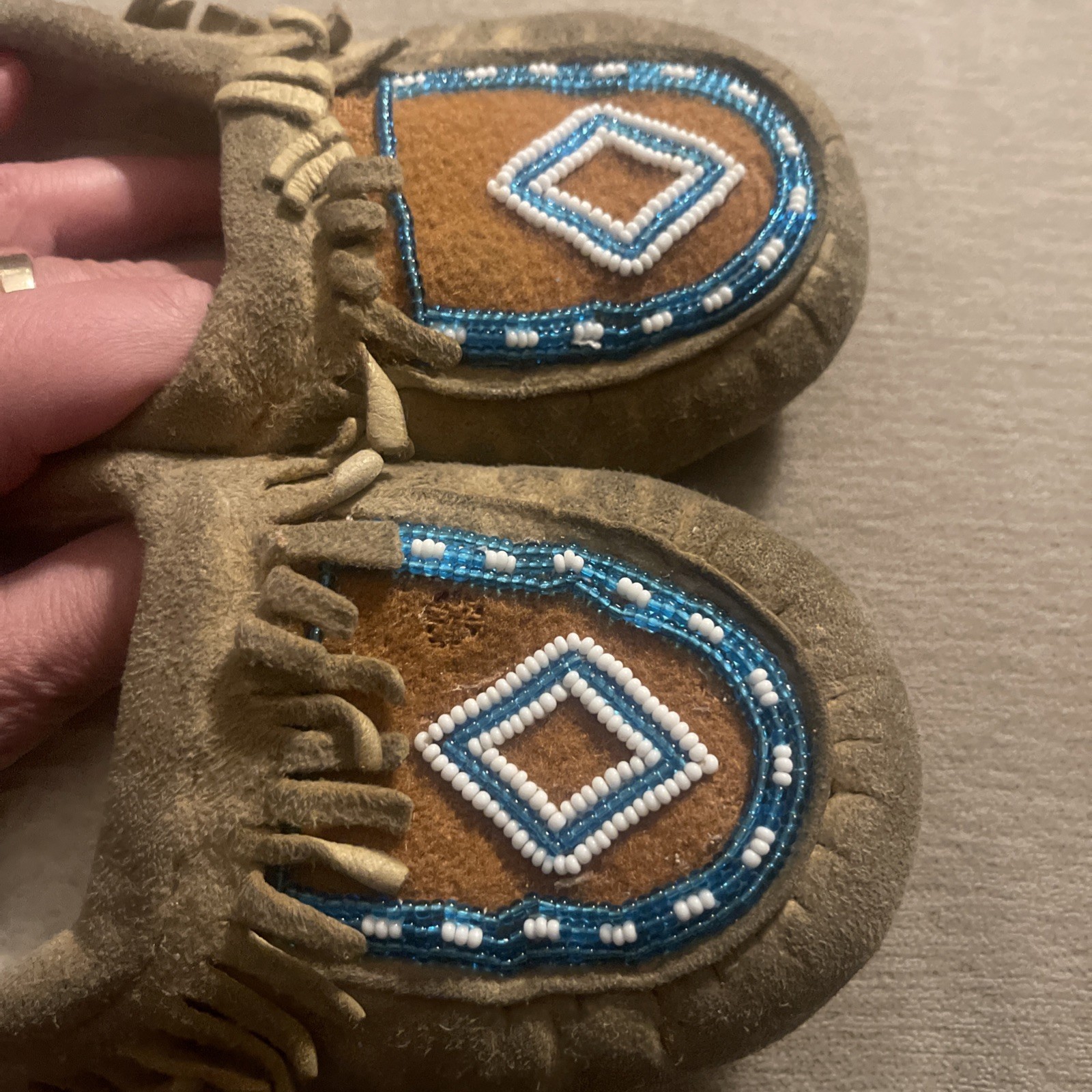 Vintage Native American Indian Child Leather Moccasins Glass Bead Work Used Worn