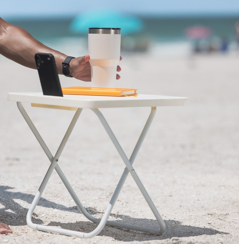 White Folding Beach Table with Hard Top Surface