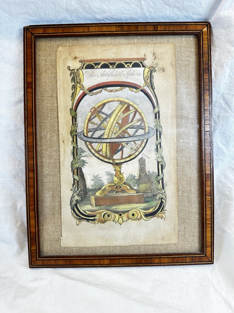 Antique The Artificial Sphere Armillary Engraving Hand Colored Framed Celestial