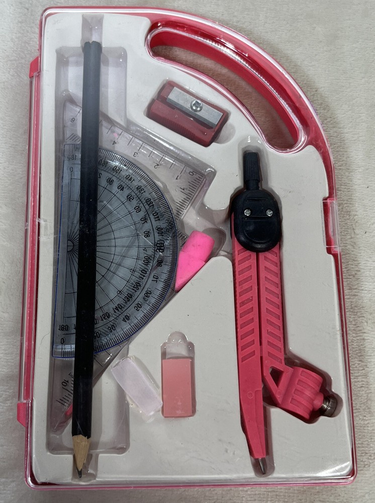 Protractor Compass Set With Case Pencil Sharpener Eraser READ School Supplies
