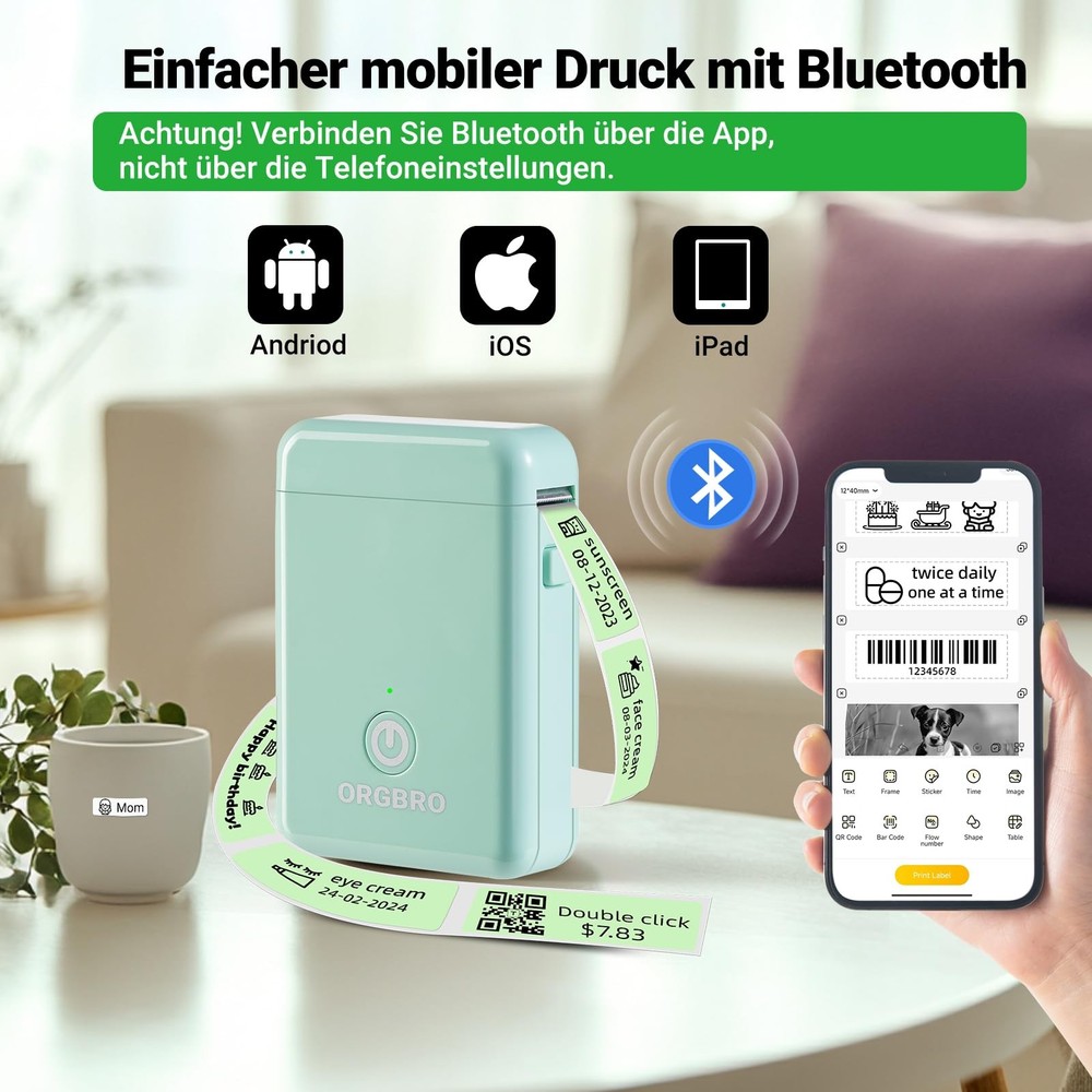 ORGBRO Label Maker Machine with Tape, X1 Portable Bluetooth Mini Small, Green