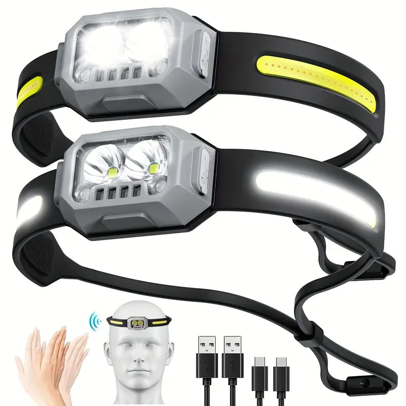 2pcs Headlamp Flashlight, with 4 Modes and White Red Green Light, LED Head Light