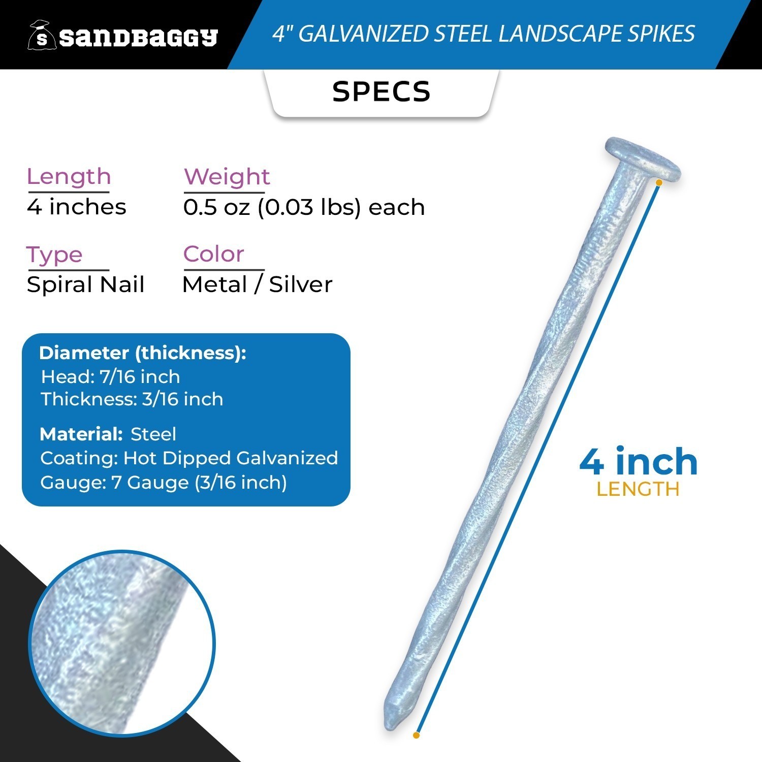 4 in. Galvanized Spiral Landscape Edging Spikes - 7 Gauge Steel - Sandbaggy