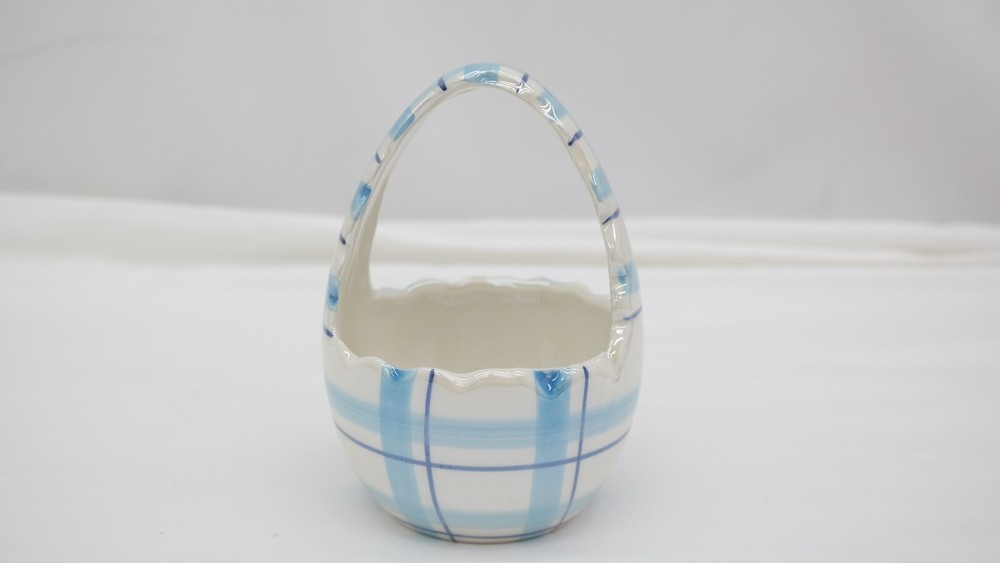 Ceramic Blue Plaid Easter Baskets Candy Dish Bowl VY