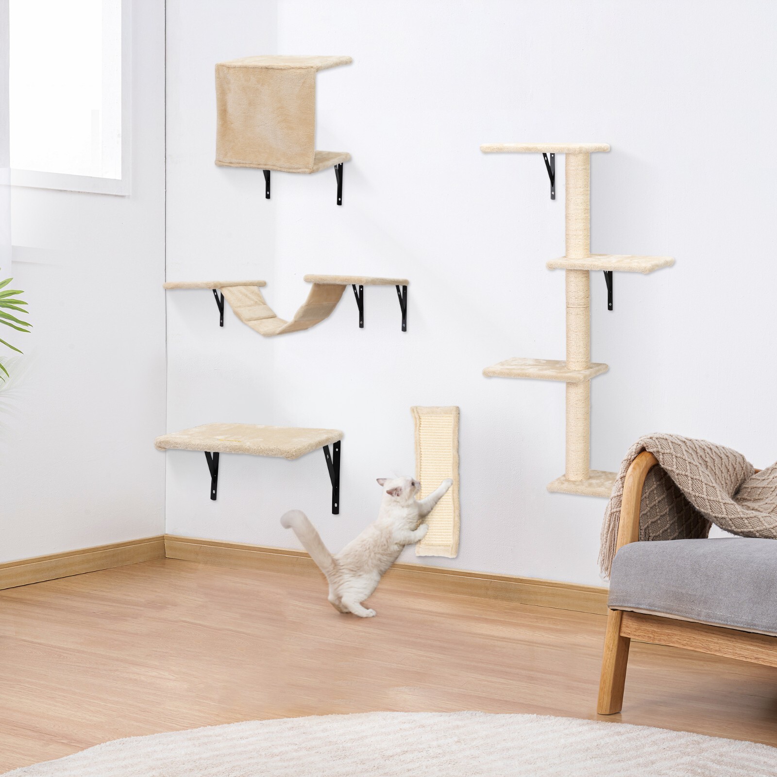 COZIWOW 5 Pcs Wall-Mounted Cat Climber Set Wood Indoor Cat Furniture Cat Shelves