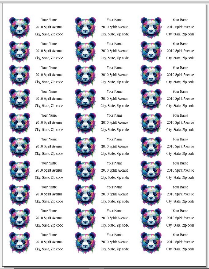 150 Colorful Painted Panda Bear Return Address Labels Personalized Printed
