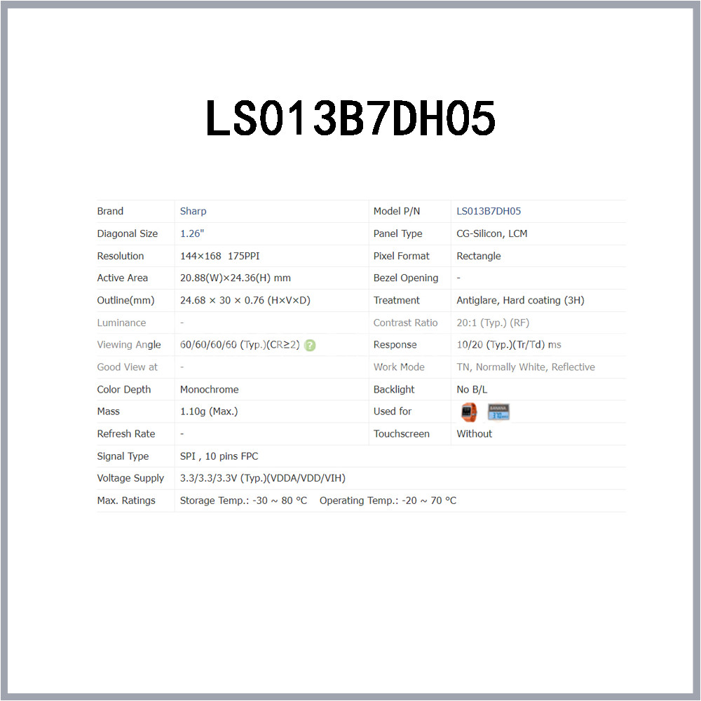 LS013B7DH05 144*168 1.26-Inch LCD Display Screen for Sharp
