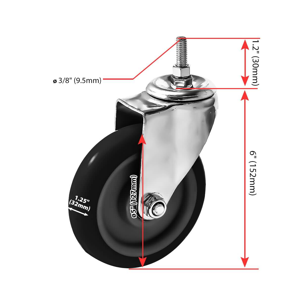 4 Pack 5 Inch Stem Caster Swivel Black Polyurethane Heavy Duty Caster Wheels