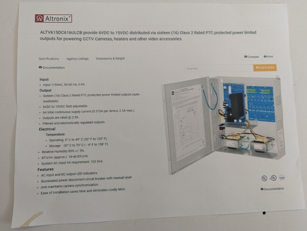 Altronix power supply - ALTV615DC616ULCB