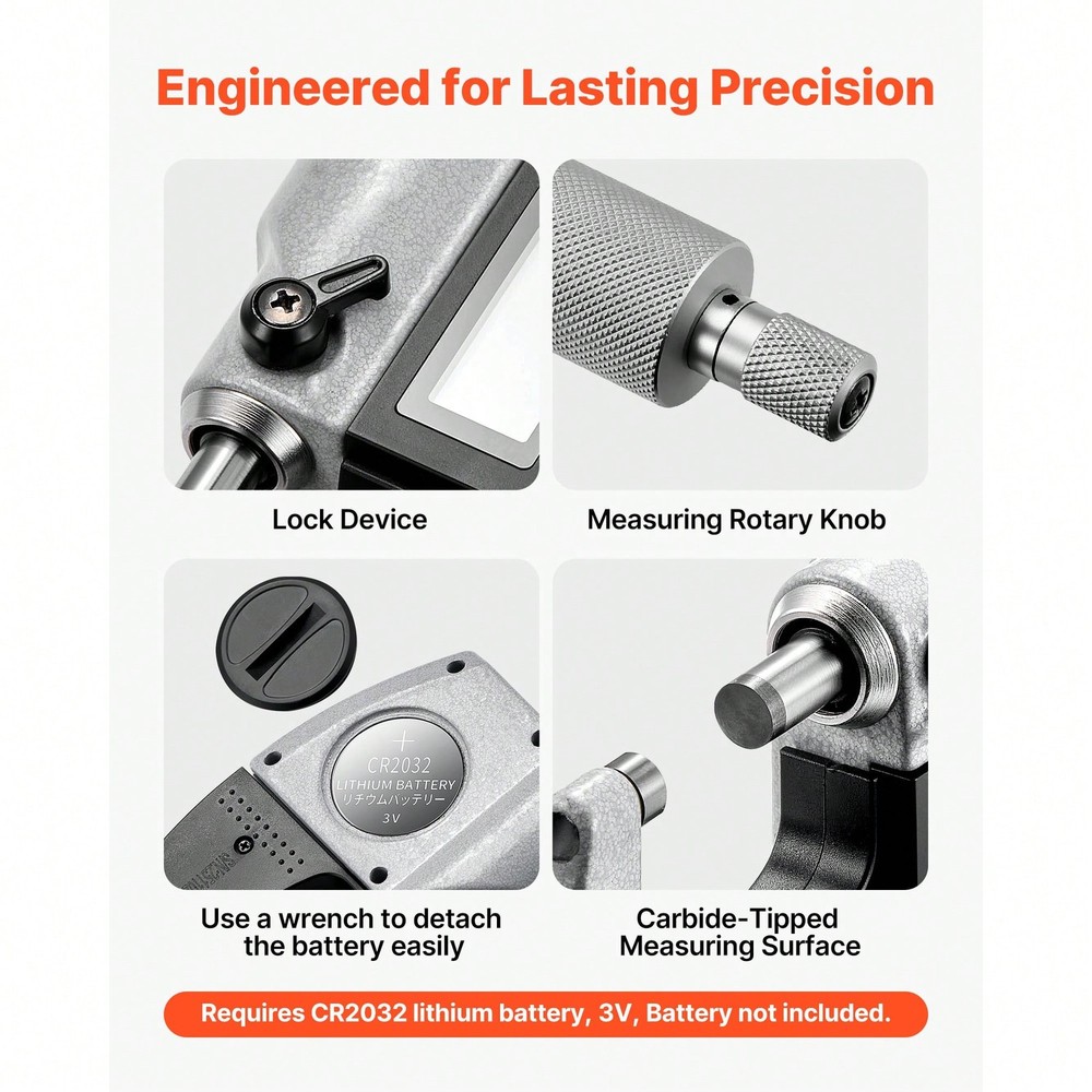 Micrometer Set, Digital Outside LCD Screen, In/Mm Switch, Carbide Tip