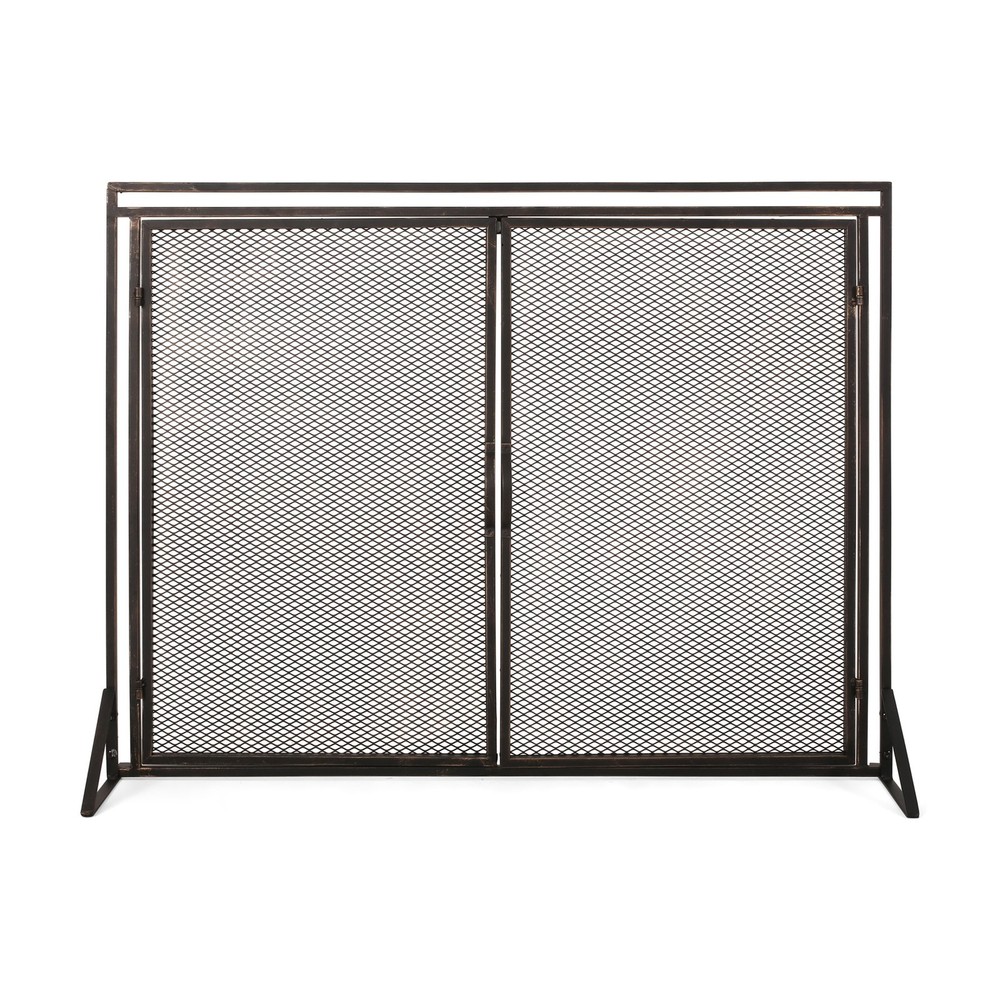 40" Iron Fireplace Screen Matte Black, Modern Single Panel with 2 Access Doors