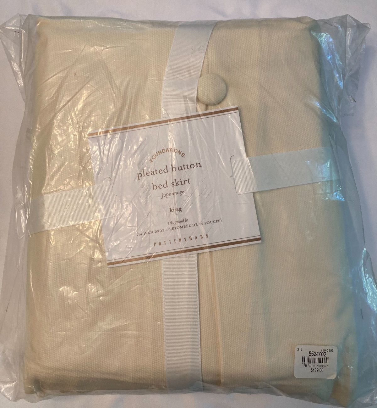 Pottery Barn Off-White Pleated Button Bed Skirt (KING) 14" Drop