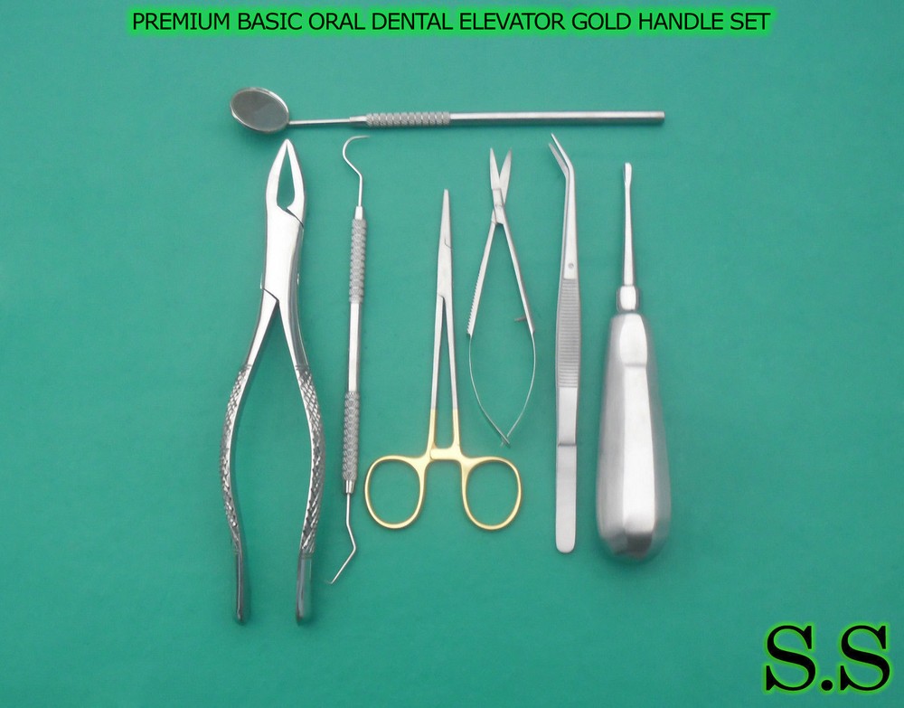 7 PCS PREMIUM BASIC ORAL DENTAL KIT ELEVATOR SURGICAL INSTRUMENTS GOLD HANDLE