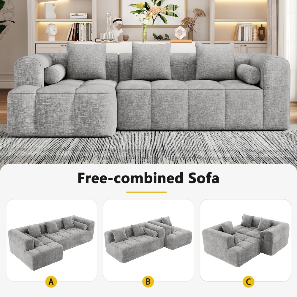 3-Seat Modular Sectional Sofa, Tufted Back with Side Pockets, Light Grey