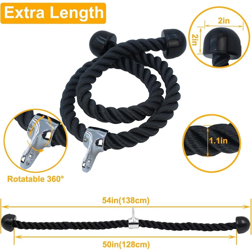 Double Length Tricep Pull Down Rope - 54 Inches Attachment for Cable Machine ...
