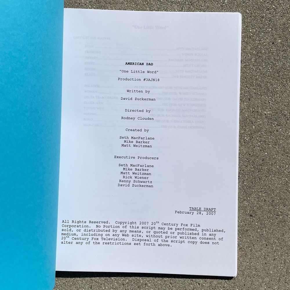 American Dad Original 2007 Production Used Table Draft Script One Little Word