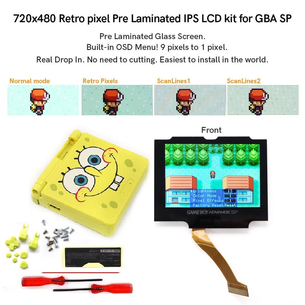 V5 720x480 Retro Pixel Pre-Laminated IPS LCD+Case W/Same color button For GBA SP