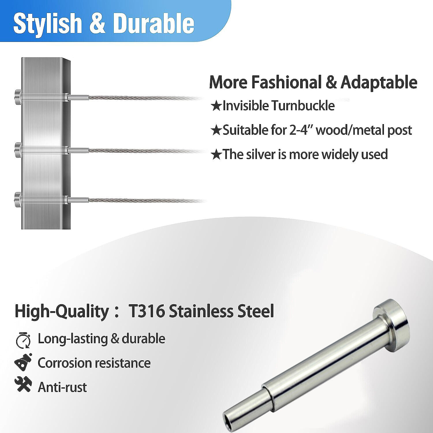 Stainless Steel Invisible Receiver Stud Swage End Fitting 3/16" Cable Railing US