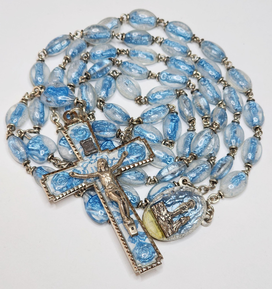 Vintage Lourdes Legatura Alpacca Brevetto Blue Lucite Bubble Bead Rosary Italy