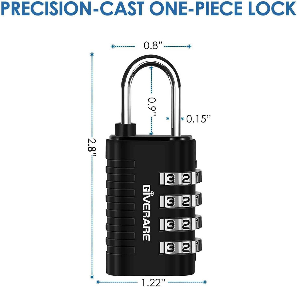 4-Pack 4-Digit Combination Padlocks Keyless Resettable Weatherproof Black/Silver
