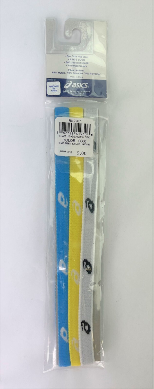 2 Packs of 3 asics Team Aerobic Comfort Headbands Blue Yellow White (6 Total)